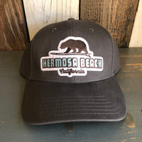 Hermosa Beach SURFING GRIZZLY BEAR - 6 Panel Low Profile Baseball Cap Adjustable Lightweight Metal Buckle - Charcoal Grey