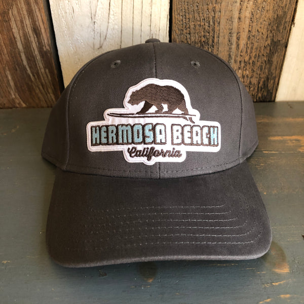 Hermosa Beach SURFING GRIZZLY BEAR - 6 Panel Low Profile Baseball Cap Adjustable Lightweight Metal Buckle - Charcoal Grey