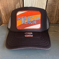 Hermosa Beach GOLF CARTS & YOGA PANTS High Crown Trucker Hat - Black (Curved Brim)