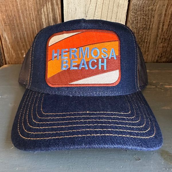 Hermosa Beach GOLF CARTS & YOGA PANTS Premium Denim Trucker Hat - Navy/Gold Stitching