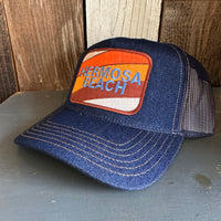 Hermosa Beach GOLF CARTS & YOGA PANTS Premium Denim Trucker Hat - Navy/Gold Stitching