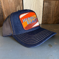 Hermosa Beach GOLF CARTS & YOGA PANTS Premium Denim Trucker Hat - Navy/Gold Stitching