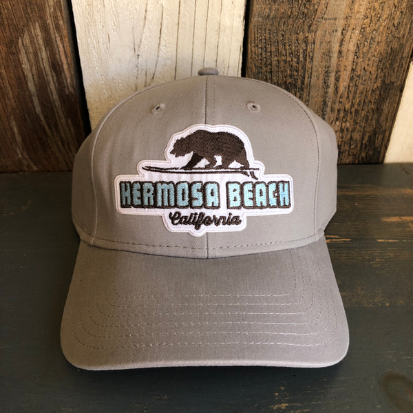 Hermosa Beach SURFING GRIZZLY BEAR - 6 Panel Low Profile Baseball Cap Adjustable Lightweight Metal Buckle - Grey