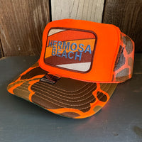 Hermosa Beach GOLF CARTS & YOGA PANTS High Crown Trucker Hat - Neon Orange Hunters Camo