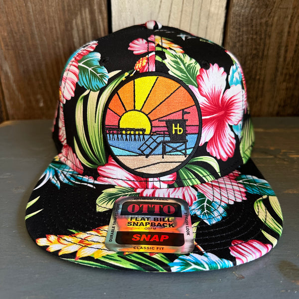 Hermosa Beach OBLIGATORY SUNSET Hawaiian Pattern 6 Panel Mid Profile Snapback Hat - A ‘o ia (Flat Brim)