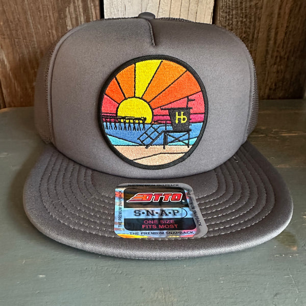 Hermosa Beach OBLIGATORY SUNSET Trucker Hat - Charcoal Grey (Flat Brim)