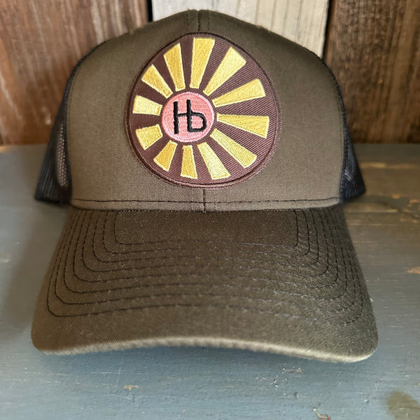 Hermosa Beach SUNBEAMS - 6 Panel Structured Poly/Cotton Front Mesh Back Trucker Hat - Black/Loden Green