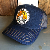 Hermosa Beach SOUTH BAY SURF (Multi Colored Patch) Premium Denim Trucker Hat - Navy/Gold Stitching