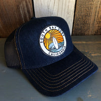 Hermosa Beach SOUTH BAY SURF (Multi Colored Patch) Premium Denim Trucker Hat - Navy/Gold Stitching