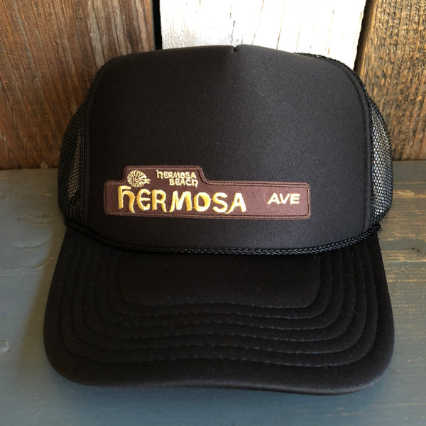 Hermosa Beach HERMOSA AVE High Crown Trucker Hat - Black (Curved Brim)