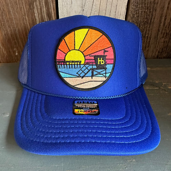 Hermosa Beach OBLIGATORY SUNSET Trucker Hat - Royal Blue (Curved Brim)