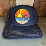 Hermosa Beach OBLIGATORY SUNSET Premium Denim Trucker Hat - Navy/Gold Stitching