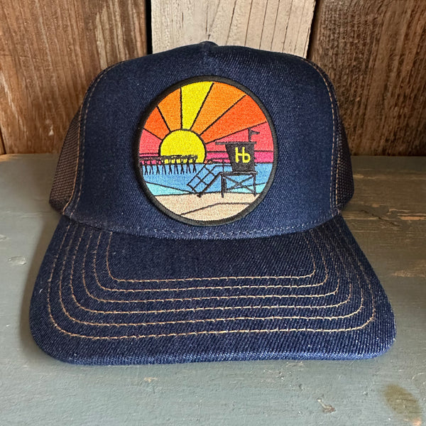Hermosa Beach OBLIGATORY SUNSET Premium Denim Trucker Hat - Navy/Gold Stitching
