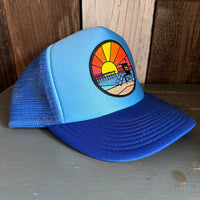 Hermosa Beach OBLIGATORY SUNSET High Crown 5 Panel Trucker Cap, Foam/Mesh - Columbia Blue/Royal