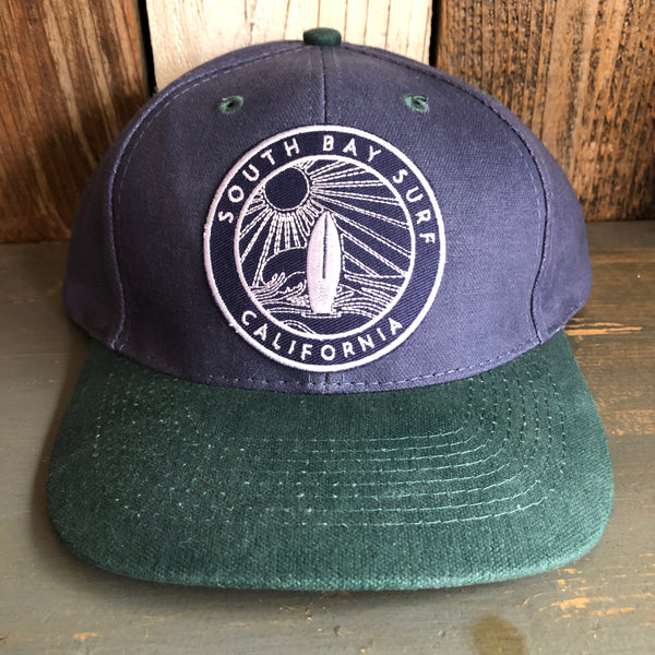 SOUTH BAY SURF (Navy Colored Patch) - 6 Panel Low Profile Baseball Cap with Adjustable Strap with Press Buckle - Navy/Dark Green