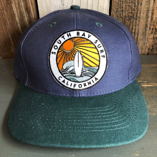 SOUTH BAY SURF (Multi Colored Patch) - 6 Panel Low Profile Baseball Cap with Adjustable Strap with Press Buckle - Navy/Dark Green