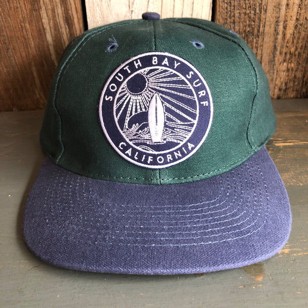SOUTH BAY SURF (Navy Colored Patch) - 6 Panel Low Profile Baseball Cap with Adjustable Strap with Press Buckle - Dark Green/Navy
