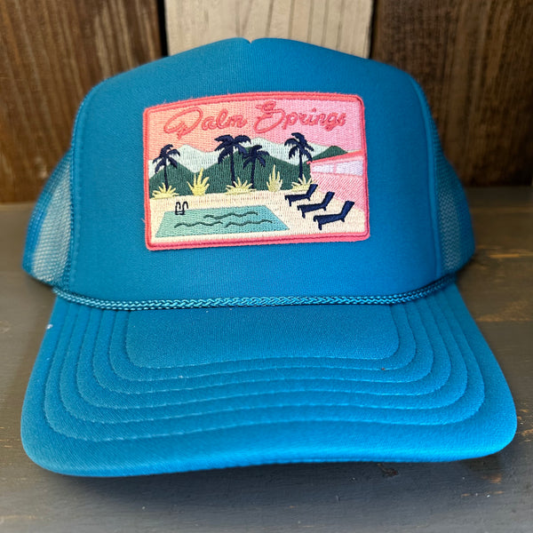 PALM SPRINGS, CALIFORNIA High Crown Trucker Hat - Turquoise Blue