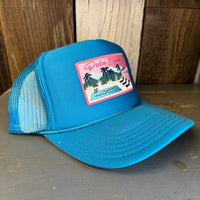 PALM SPRINGS, CALIFORNIA High Crown Trucker Hat - Turquoise Blue