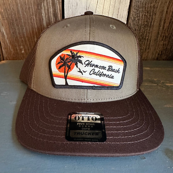 Hermosa Beach RETRO SUNSET 6 Panel Mid Profile Mesh Back Trucker Hat - Dark Brown/Olive Green/Dark Brown