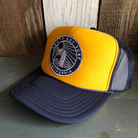 Hermosa Beach SOUTH BAY SURF (Navy Colored Patch)  Trucker Hat - Navy/Gold/Navy