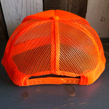 Neon orange and white trucker hat with mesh back and adjustable snap closure, shown from the back.