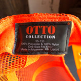Neon orange and white trucker hat label, mesh material, designed for casual outdoor wear.