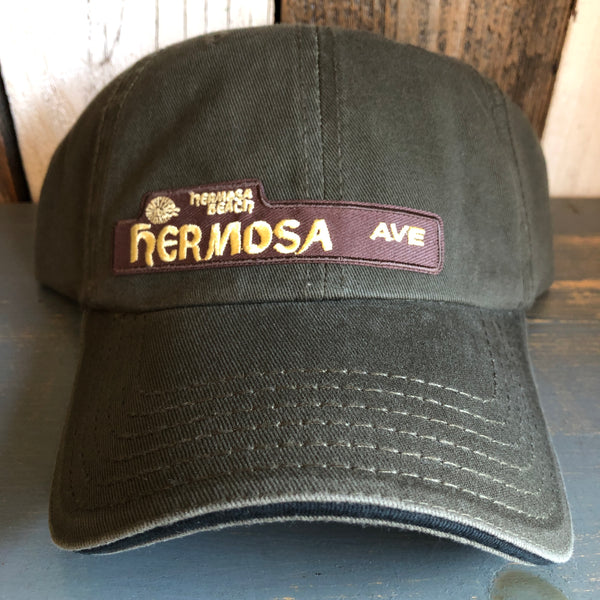 Hermosa Beach HERMOSA AVE - 5 Panel Low Profile Style Dad Hat with Velcro Closure - Olive Green/Black