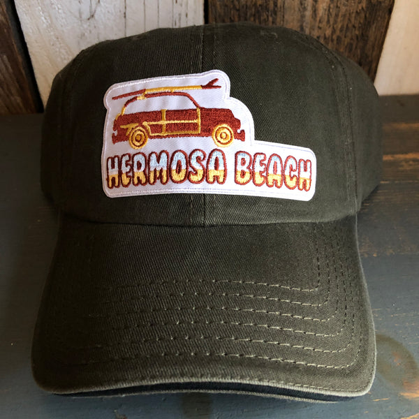 Hermosa Beach WOODIE - 5 Panel Low Profile Style Dad Hat with Velcro Closure - Olive Green/Black