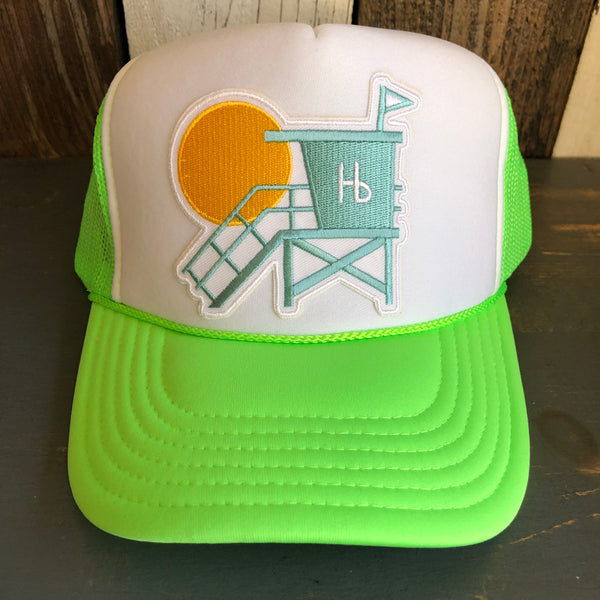 Hermosa Beach LIFEGUARD TOWER Trucker Hat - Neon Green/White/Neon Green