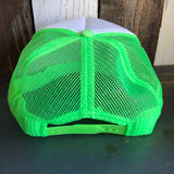 Neon green and white trucker hat with a mesh back and adjustable plastic snap closure.