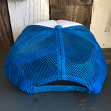 Neon blue trucker hat with mesh panels and adjustable snapback closure for casual wear.