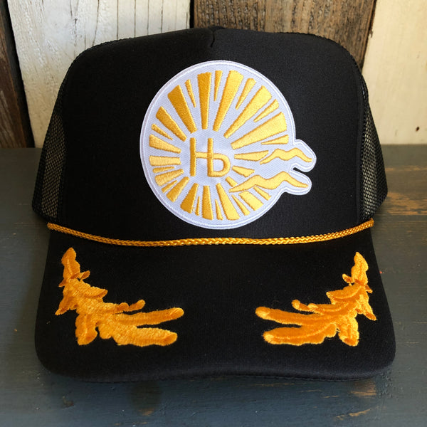 Hermosa Beach CLASSIC LOGO 5 Panel High Crown Mesh Back CAPTAIN Trucker Hat- Black/Gold