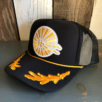 Hermosa Beach CLASSIC LOGO 5 Panel High Crown Mesh Back CAPTAIN Trucker Hat- Black/Gold