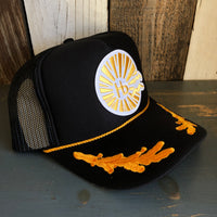 Hermosa Beach CLASSIC LOGO 5 Panel High Crown Mesh Back CAPTAIN Trucker Hat- Black/Gold