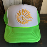 Neon green and white trucker hat with mesh back, suitable for casual wear.