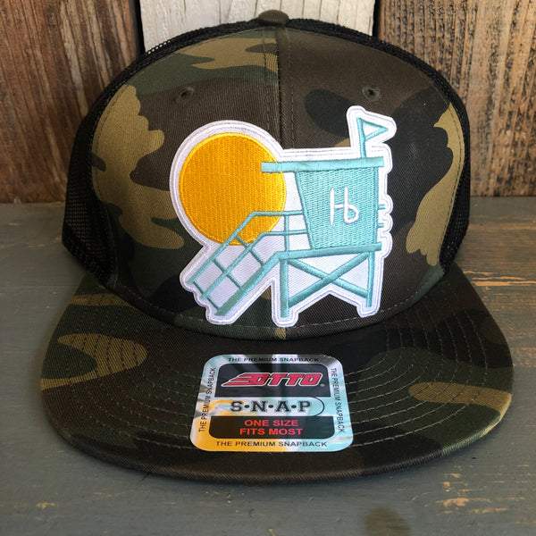 Hermosa Beach LIFEGUARD TOWER Camouflage 6 Panel Mid Profile Mesh Back Snapback Trucker Hat - Dark Green/Brown/Black