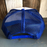 Trucker hat in red, white, and royal blue mesh with adjustable snapback closure, shown from the back.