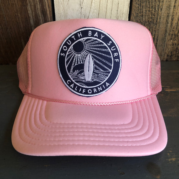 Hermosa Beach SOUTH BAY SURF (Navy Colored Patch) High Crown Trucker Hat - Pink