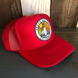 Hermosa Beach SOUTH BAY SURF (Multi Colored Patch) High Crown Trucker Hat - Red