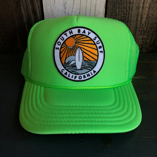 Hermosa Beach SOUTH BAY SURF (Multi Colored Patch) Trucker Hat - Neon Green