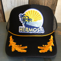 Hermosa Beach FIESTA 5 Panel High Crown Mesh Back Captain Trucker Hat- Black/Gold