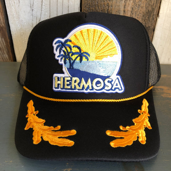 Hermosa Beach FIESTA 5 Panel High Crown Mesh Back Captain Trucker Hat- Black/Gold