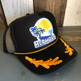 Hermosa Beach FIESTA 5 Panel High Crown Mesh Back Captain Trucker Hat- Black/Gold