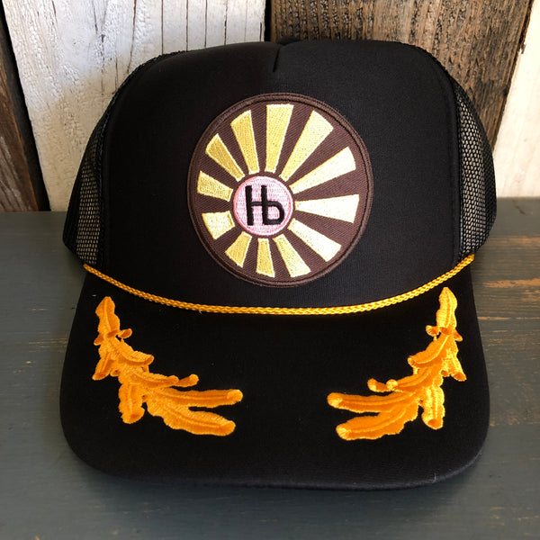 Hermosa Beach SUNBEAMS 5 Panel High Crown Mesh Back Captain Trucker Hat- Black/Gold