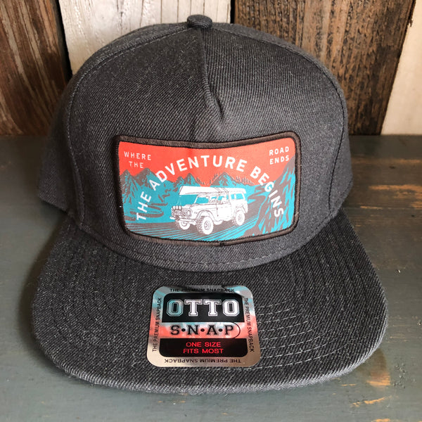 WHERE THE ROAD ENDS - THE ADVENTURE BEGINS 5-Panel Mid Profile Snapback Hat - Heather Black