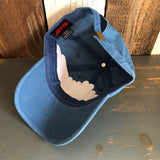 Blue cotton baseball cap with adjustable strap, inside view showing unique hand graphic