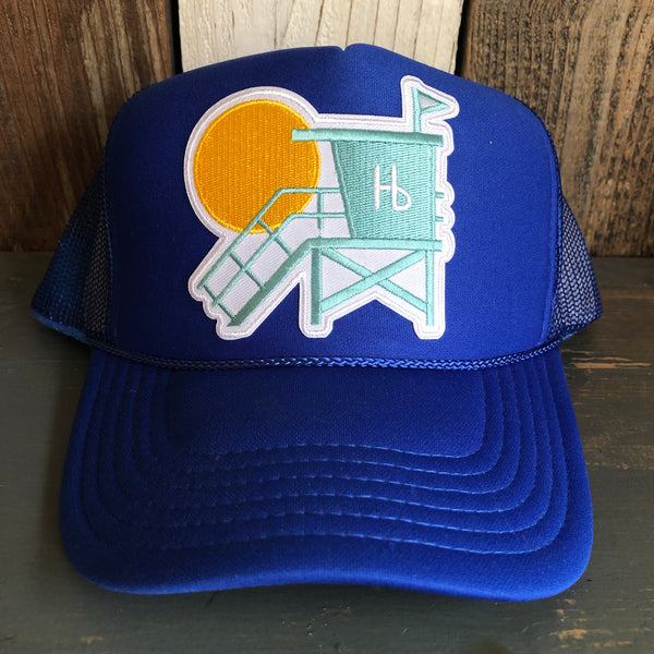Hermosa Beach LIFEGUARD TOWER High Crown Trucker Hat - Royal Blue (Curved Brim)