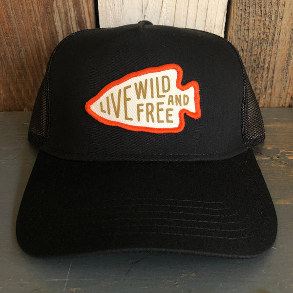 LIVE WILD AND FREE - 5 Panel Mid Profile Mesh Back Trucker Hat - Black