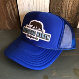 Hermosa Beach SURFING GRIZZLY BEAR High Crown Trucker Hat - Royal Blue (Curved Brim)
